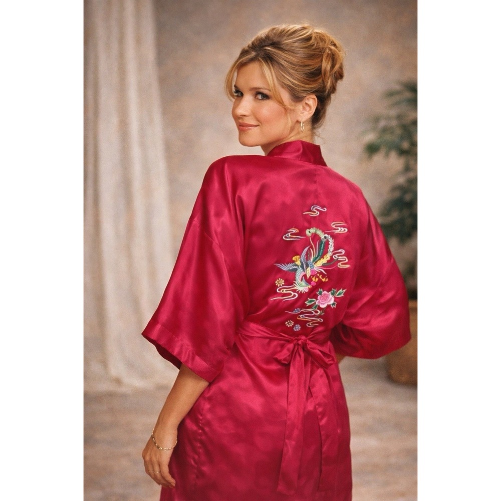 NWT Vtg 80s 90s Kimono Robe Women L‎ Red Satin Embroidered Dragon Floral Boudoir